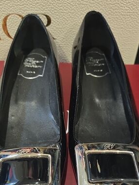 Roger Vivier Black Patent Flats with Silver Buckle
